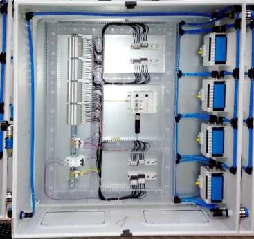 Control panel interior with ducted wiring and terminal blocks