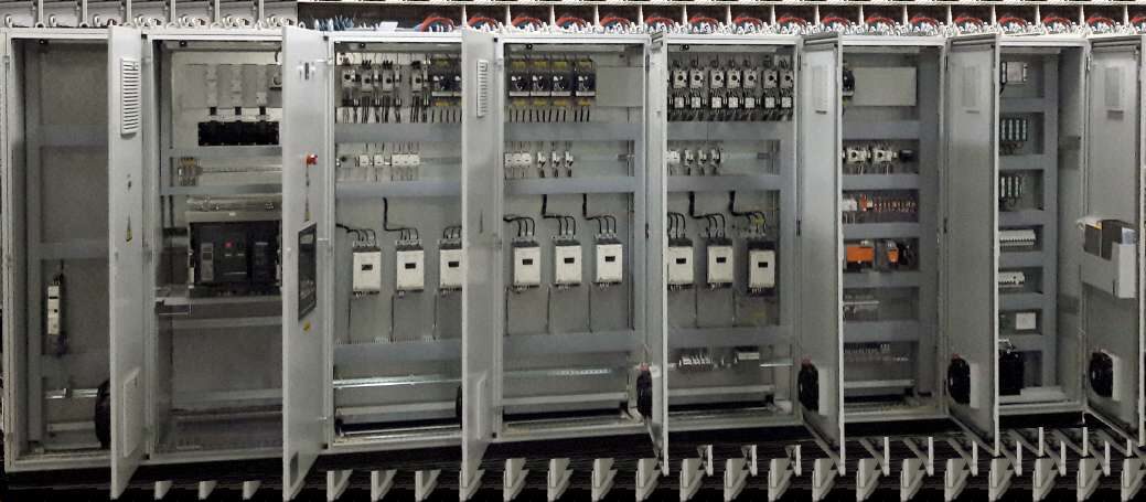 Open panel line-up with breakers, drives and control wiring