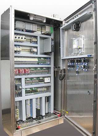 Stainless steel automation panel with PLC, relays and terminal rows